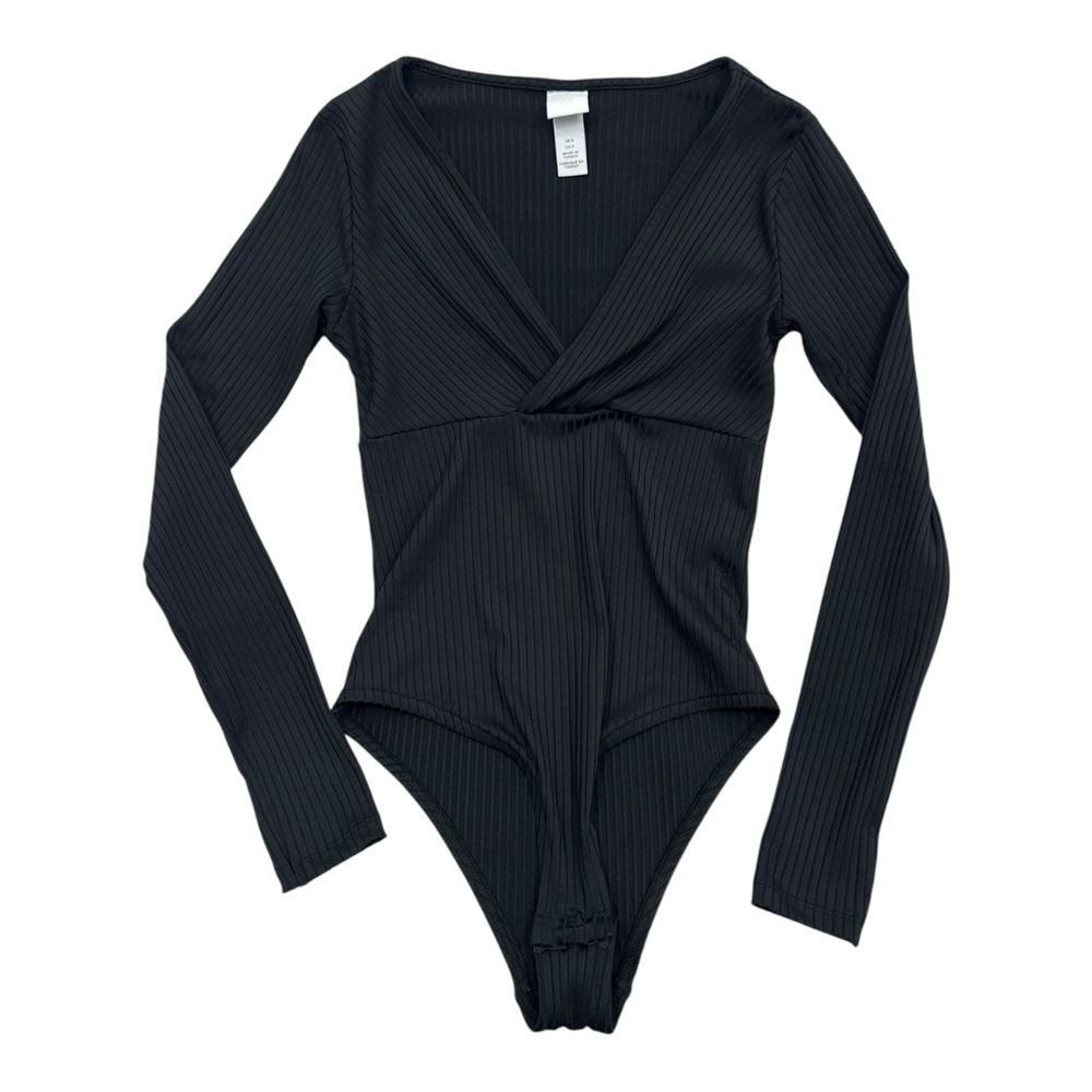 H&M Black Long Sleeve V-neck Black Ribbed Bodysuit - Womens Size Small